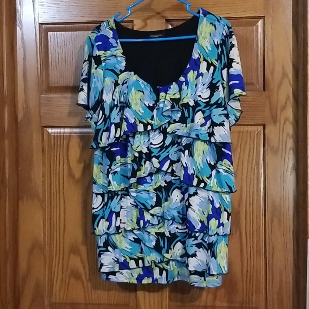 Notations Blue and Green Floral Ruffle Top